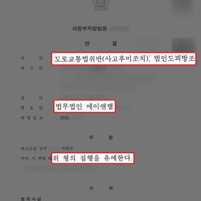 사고후미조치+범인도피방조 혐의 의뢰인 대리하여 집행유예 판결 이끌어내
